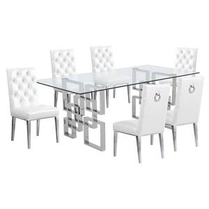 Dominga 7-Piece Glass Top with Stainless Steel and Set with 6-White Faux Leather Chairs