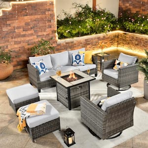 New Vultros Gray 7-Piece Wicker Patio Fire Pit Conversation Seating Set with Gray Cushions Swivel Rocking Chairs