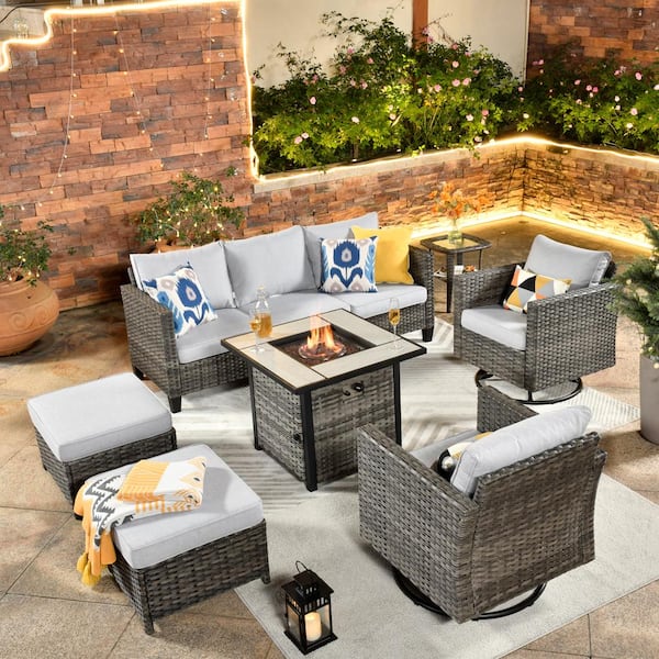 OVIOS New Vultros Gray 7-Piece Wicker Patio Fire Pit Conversation Seating Set with Gray Cushions Swivel Rocking Chairs