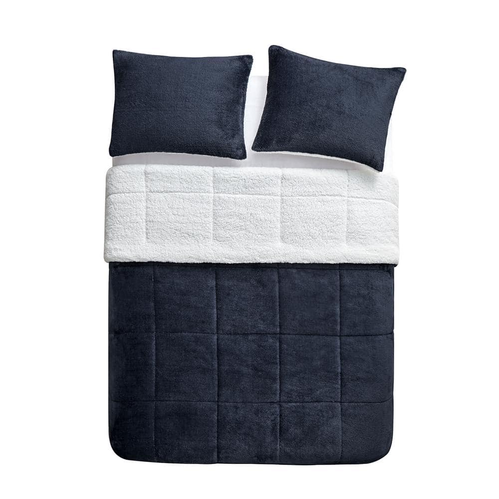 Navy King Reversible Faux Fur Comforter Set with Sherpa