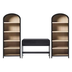 3-Piece Modern 38 in. Waterfall Black Writing Desk with Pull Drawers and 2 76 in. Curved 5-Shelf Open Bookcases