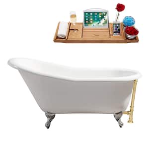 60 in. Cast Iron Clawfoot Non-Whirlpool Bathtub in Glossy White with Polished Gold Drain and Polished Chrome Clawfeet