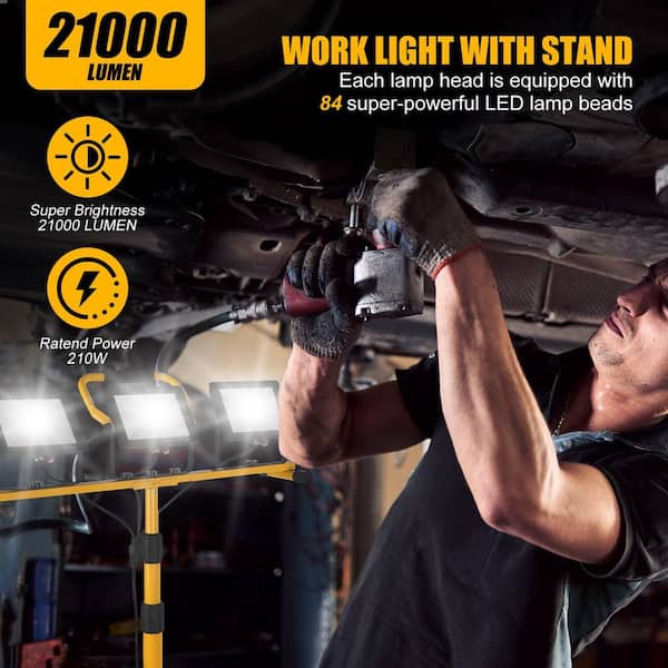110-Volt 21000 Lumens Adjustable 3-Head LED Work Light with Foldable Tripod Stand for Jobsite and Garage
