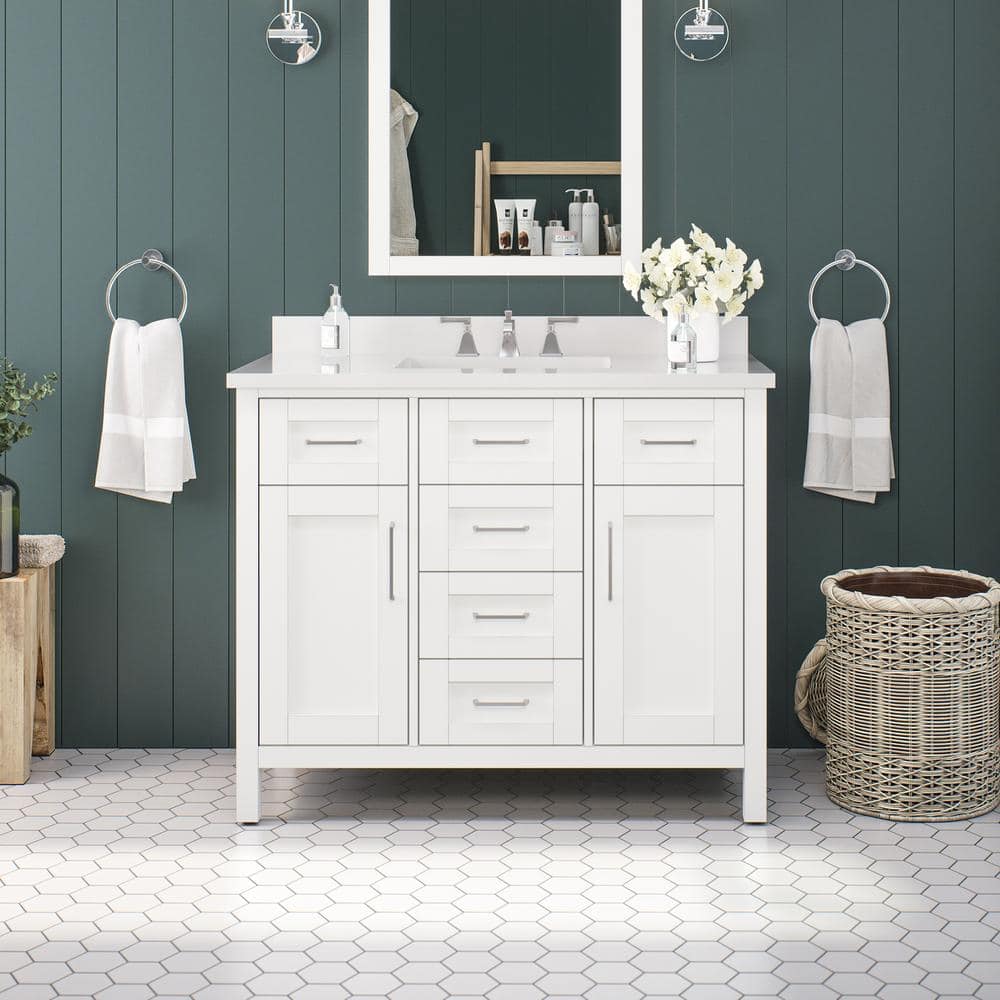 Tahoe III 42 in. W x 21 in. D x 35 in. H Single Sink Bath Vanity in White with White Engineered Stone Top with Outlet -  OVE Decors, 15VVA-TAH342-00