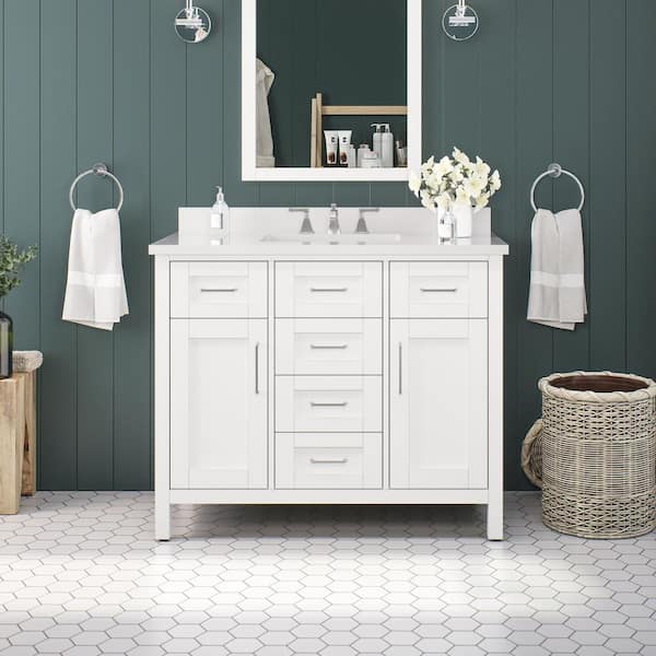 OVE Decors Tahoe III 42 in. W x 21 in. D x 35 in. H Single Sink Bath Vanity in White with White Engineered Stone Top with Outlet