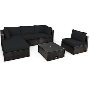 6-Piece Plastic Wicker Outdoor Sectional Set with CushionGuard in Black Cushions Patio Rattan Furniture Set