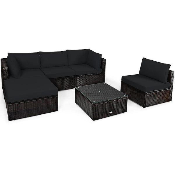 Costway 6-Piece Plastic Wicker Outdoor Sectional Set with CushionGuard in Black Cushions Patio Rattan Furniture Set