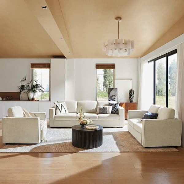 Elison 100 in. 5-piece Slipcovered Polyester Sectional Sofa in Creamy White