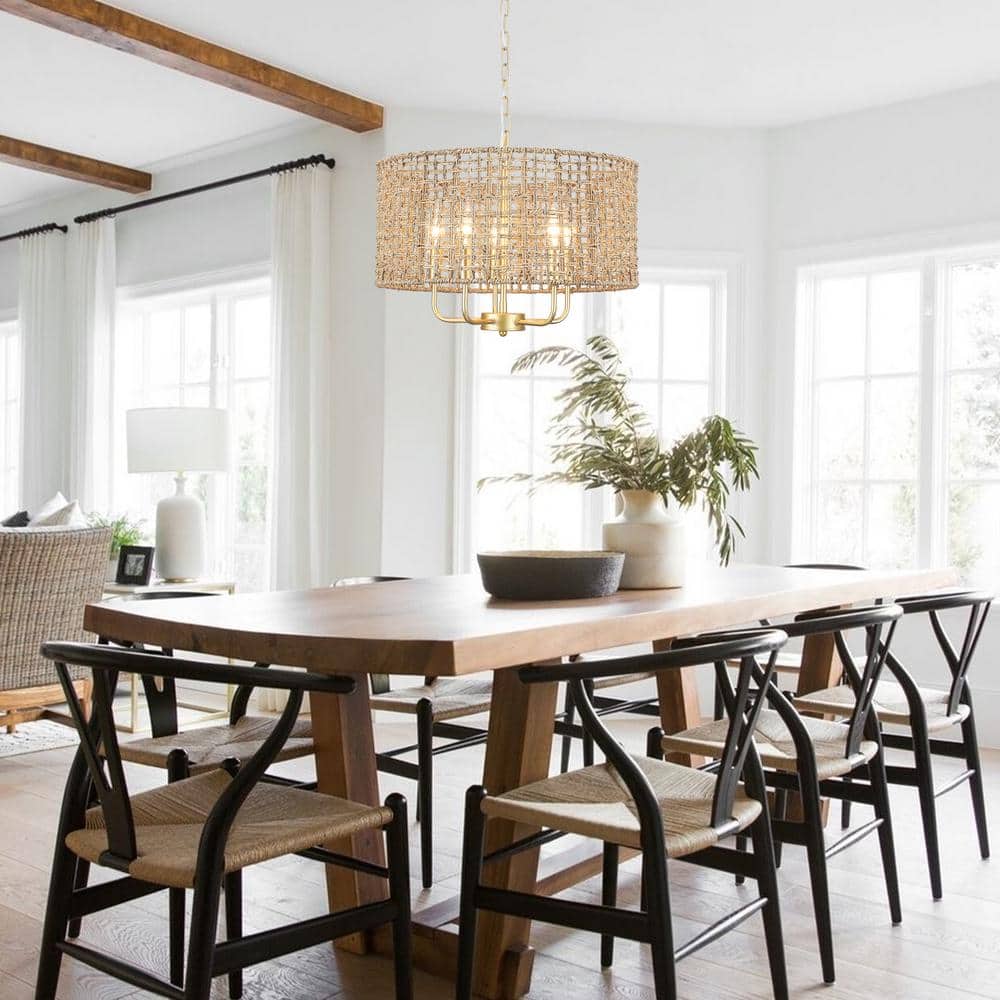 Gold and Rattan Drum Chandelier with Woven Shade