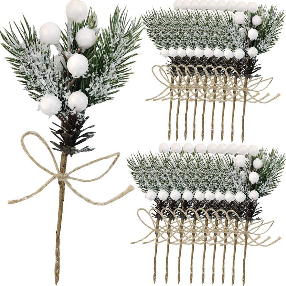.02 in. 20-Pack White Artificial Berry Pine Holly Foliage Floral Picks for Christmas Wreath Vase Arrangement Decor