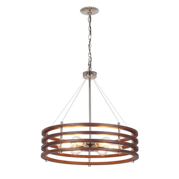 Cresswell 6-Light Polished Nickel Drum Pendant with Mahogany Wood Finish Shade