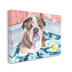 English Bulldog In Bathtub Rubber Duck Bubbles By George Dyachenko Unframed Print Animal Wall Art 16 in. x 20 in.