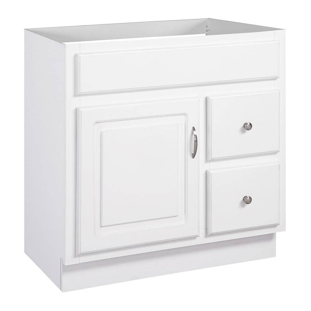 White 30-Inch MDF Bathroom Vanity with Satin Nickel Hardware