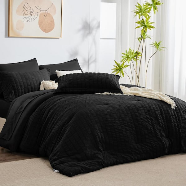 JEAREY King Seersucker 7-Piece Cotton Blend Comforter Set Black