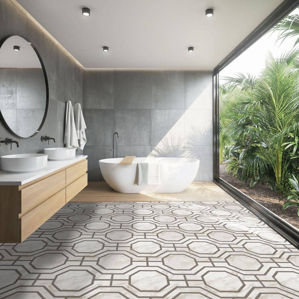 Octagon White and Gray Self-Adhesive Vinyl Floor Tiles 12x12