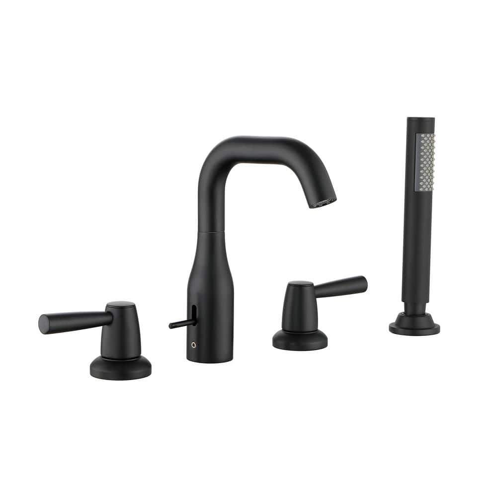2-Handle 4-Holes Deck Mount Roman Tub Faucet with Hand Shower, Round Bathtu