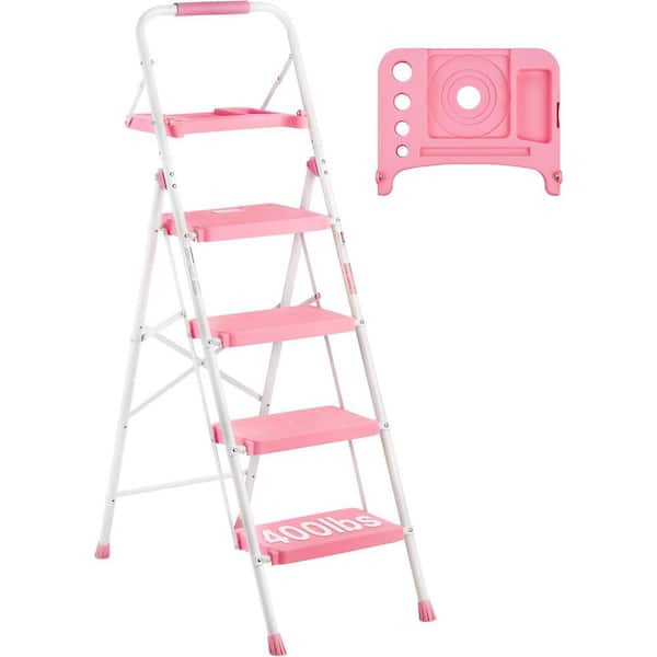 Unbranded 4-Step Folding Stool with Tool Platform, Wide Anti-Slip Pedals, 400 lbs. Capacity, Sturdy Steel, Pink