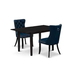 3-Piece Black Finish Rectangular Solid Wood Top with Butterfly Leaf Dining Table Set