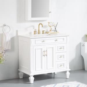 36 in.W x 22 in.D x 35 in.H Solid Wood Bath Vanity in White with Carrara White Quartz Top,Single Sink,Soft-Close Drawers