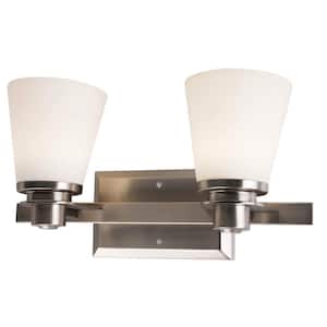 2-Light Brushed Nickel Vanity Lighting with Etched Opal Glass LED Integrated