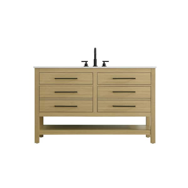 60 in. Single Sink Honey Brown Bath Vanity with White Engineered Marble Top