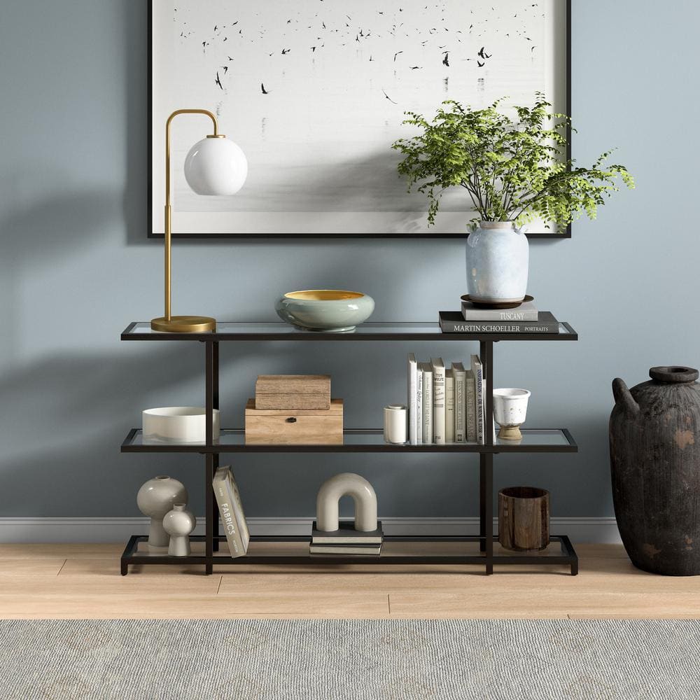 55 in Blackened Bronze Glass Console Table with Storage