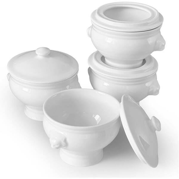 4-Piece White Porcelain Lion Head Soup Bowls Set with Lids Oven Microwave Dishwasher Safe Single Serve Kitchen