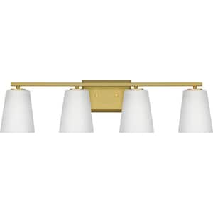 Vertex Collection 29 in. 4-Light Brushed Gold Etched White Glass Contemporary Vanity Light