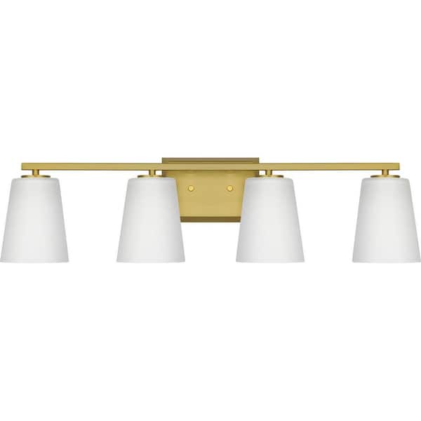 Progress Lighting Vertex Collection 29 in. 4-Light Brushed Gold Etched White Glass Contemporary Vanity Light