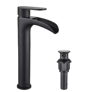 Single Handle Single Hole Waterfall Bathroom Faucet Bathroom Sink Faucet with Supply Hoses in Matte Black