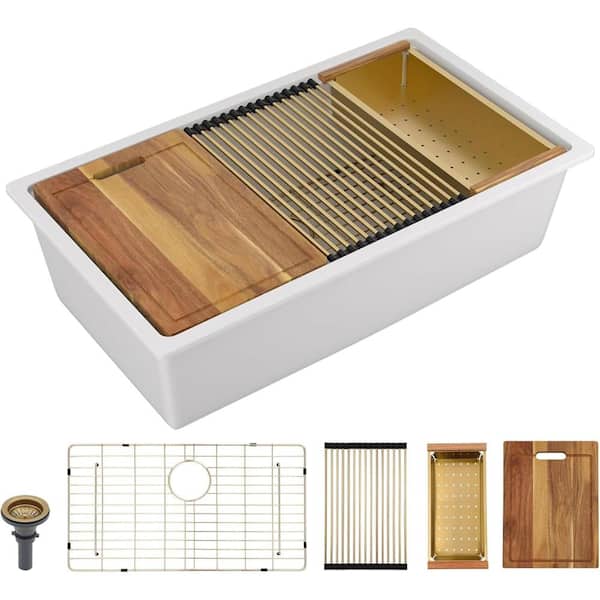 33 in. Undermount Single Bowl White Granite Composite Quartz Workstation Luxury Kitchen Sink with Gold Accessories