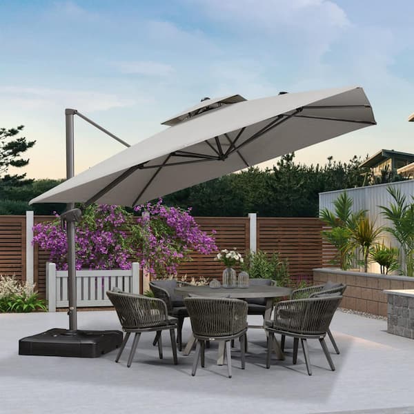 PURPLE LEAF 11 ft. Square Double Top Aluminum Rotation Outdoor Cantilever Patio Umbrella with Base, Light Gray