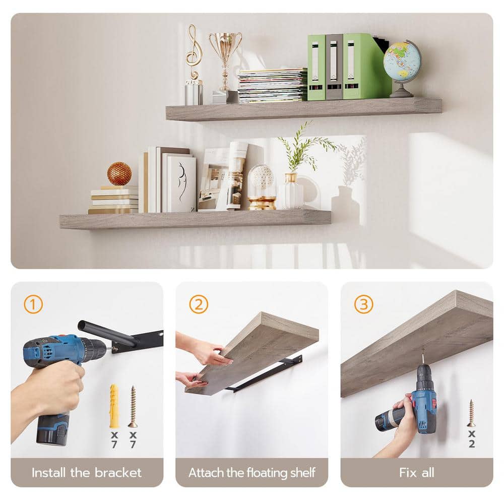 47.2" Greige Wood Floating Wall Shelf Set with Invisible Brackets