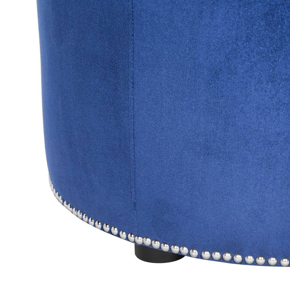 Transitional Royal Blue Velvet Round Ottoman with Nailhead Trim