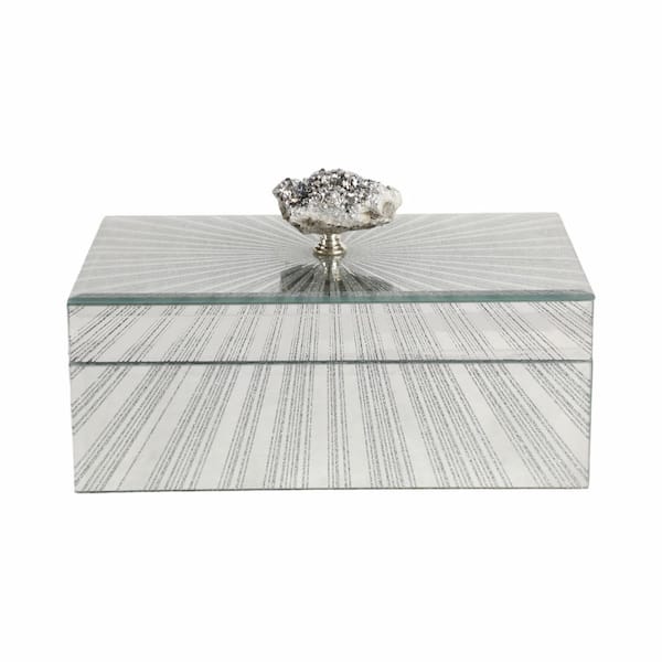 Silver 8 in. x 5 in. Glass Sparkly Starburst Decorative Box with Stone Top