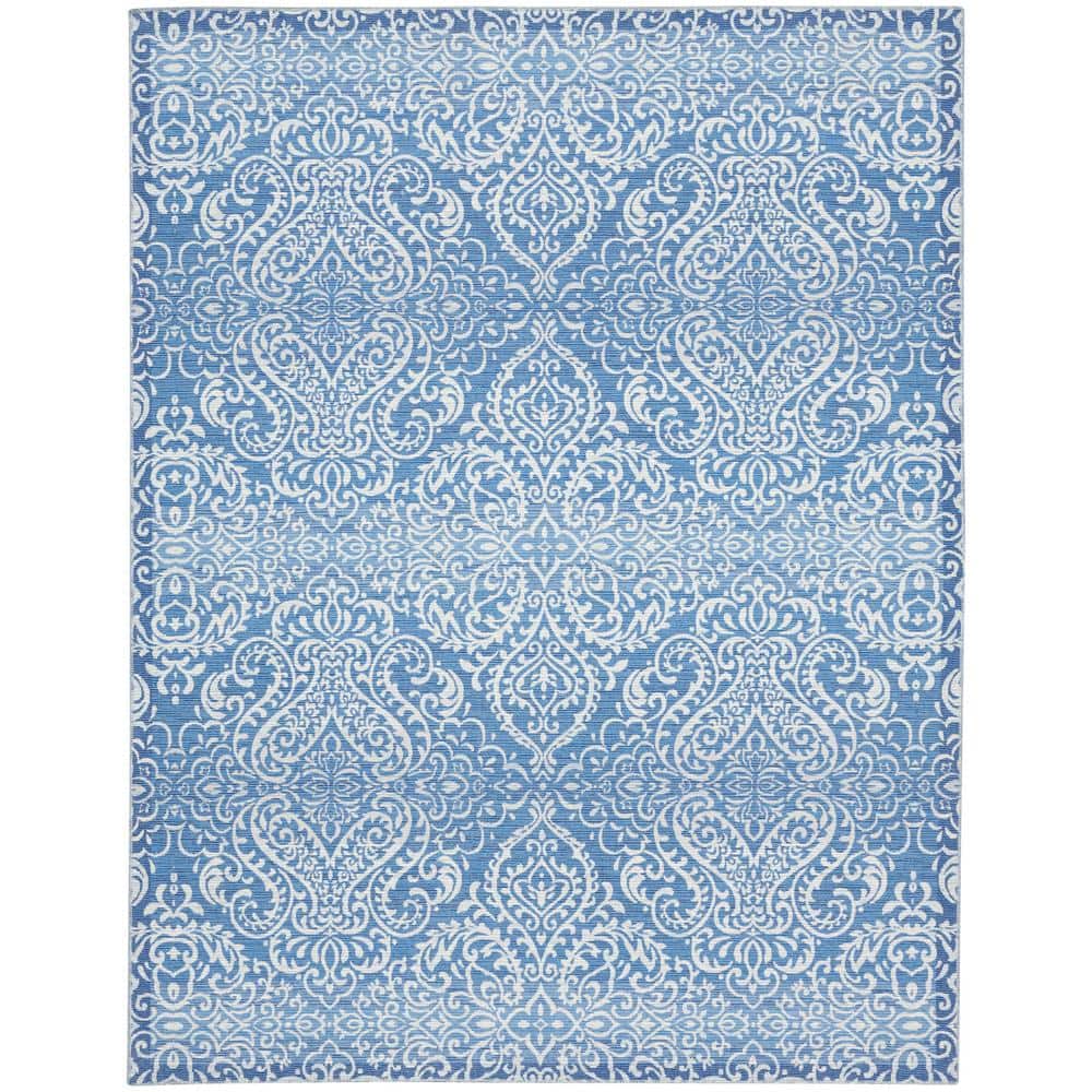 Waverly Blue Damask Washable Synthetic Area Rug, 8' x 10'