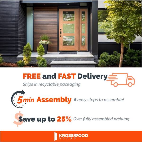 DIY Modern 36 in. x 79 in. 3-Lite Left-Hand Clear Glass Teak Stain Fiberglass Front Door Kit w/ Quick Assemble Jamb