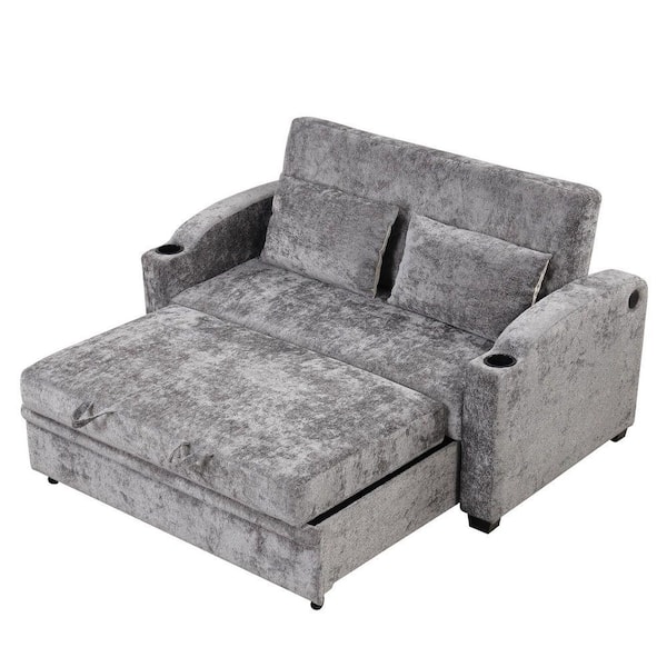 61.4 in. Chenille 2-Seat Loveseat in Gray with Cup Holders and USB Ports