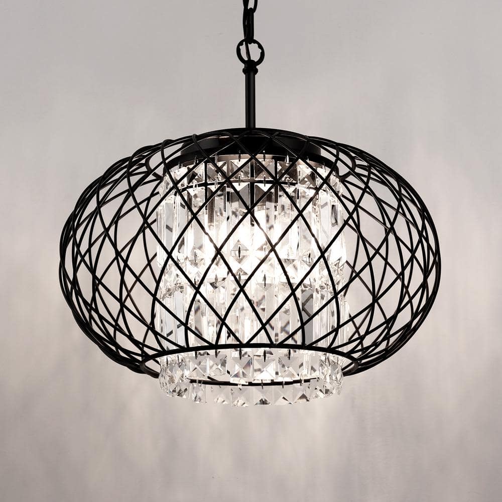 YANSUN 3-Light Matte Black Drum Pendant Light Chandelier with Decorative Crystal Shade E12 Base for Dining Room or Living Room