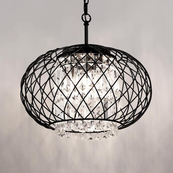 3-Light Matte Black Drum Pendant Light Chandelier with Decorative Crystal Shade E12 Base for Dining Room or Living Room