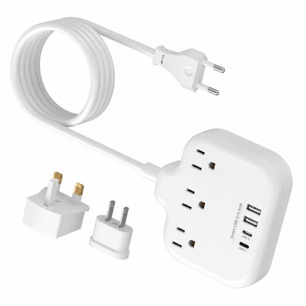European Travel Plug Adapter with 3 Outlets and 4 USB, Travel Power Strip with 5 ft. European Power Cord for EU/UK/US
