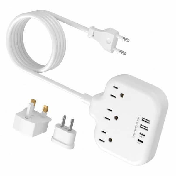 European Travel Plug Adapter with 3 Outlets and 4 USB, Travel Power Strip with 5 ft. European Power Cord for EU/UK/US