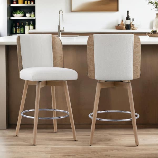 Spruce & Spring Lysander 26.4 in. Cream Swivel Counter Height Bar Stool with Fabric Seat, Bentwood Back and Wood Frame (Set of 2)