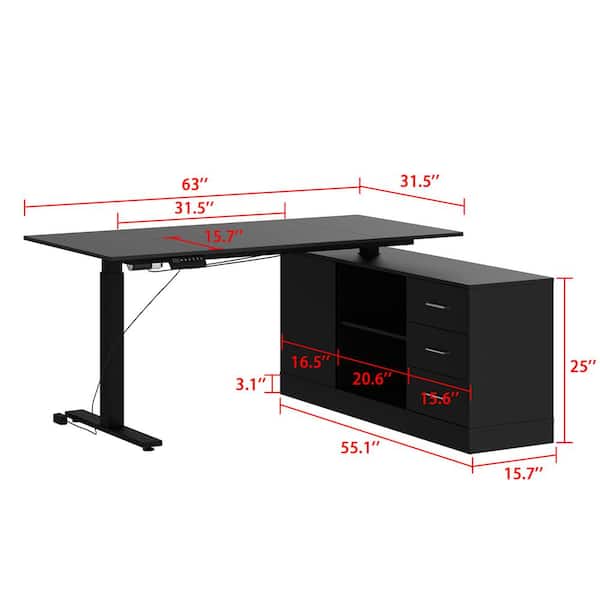 FUFU&GAGA 63 in. Width L-Shape Black Wooden 3-Drawer Writing Desk