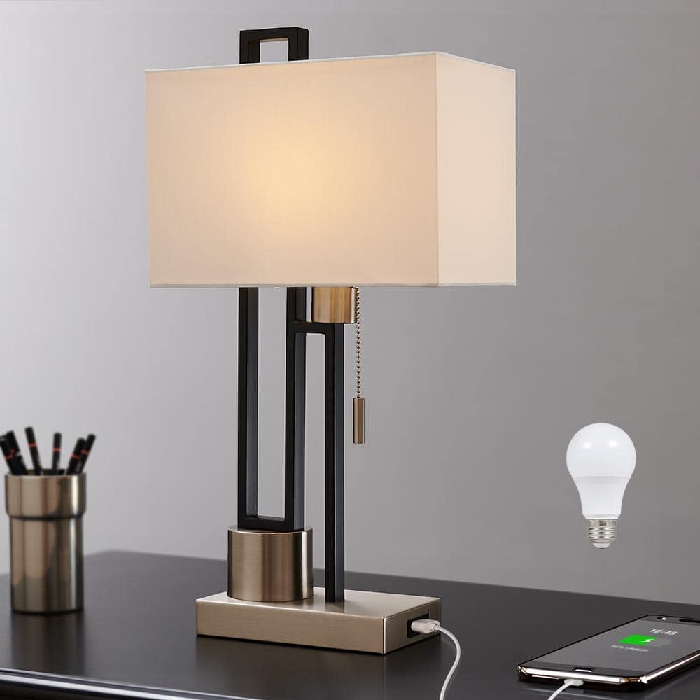 Matte Black and Brushed Nickel Table Lamp with USB Port and White Linen Shade