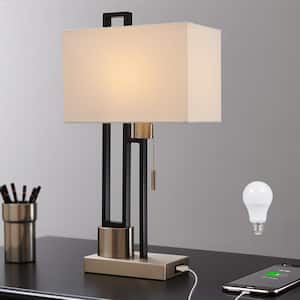 21 in. Matte Black/Brushed Nickel USB Table Lamp with White Linen Shade, 9.5-Watt LED Bulb Included