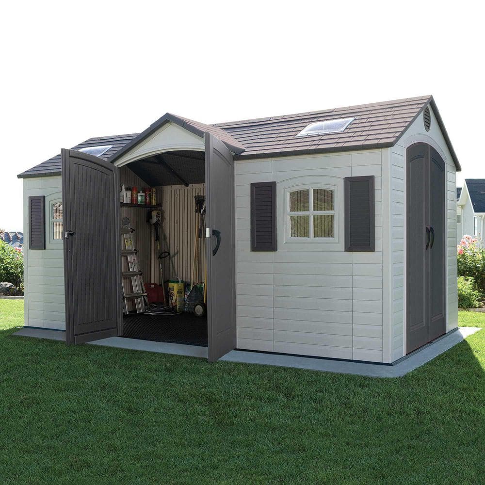 Beige Dual Entry 15' x 8' Outdoor Storage Shed with Windows