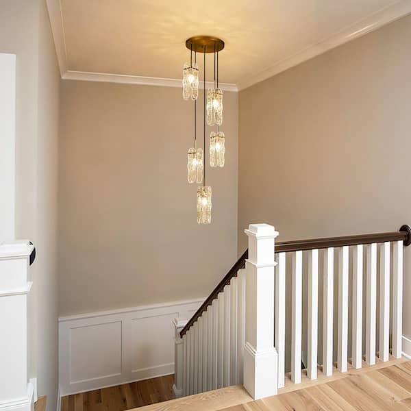 Hubbardston 5-Light Luxury Gold Chandelier Staircase Pendant Light with Forest Ice Glass