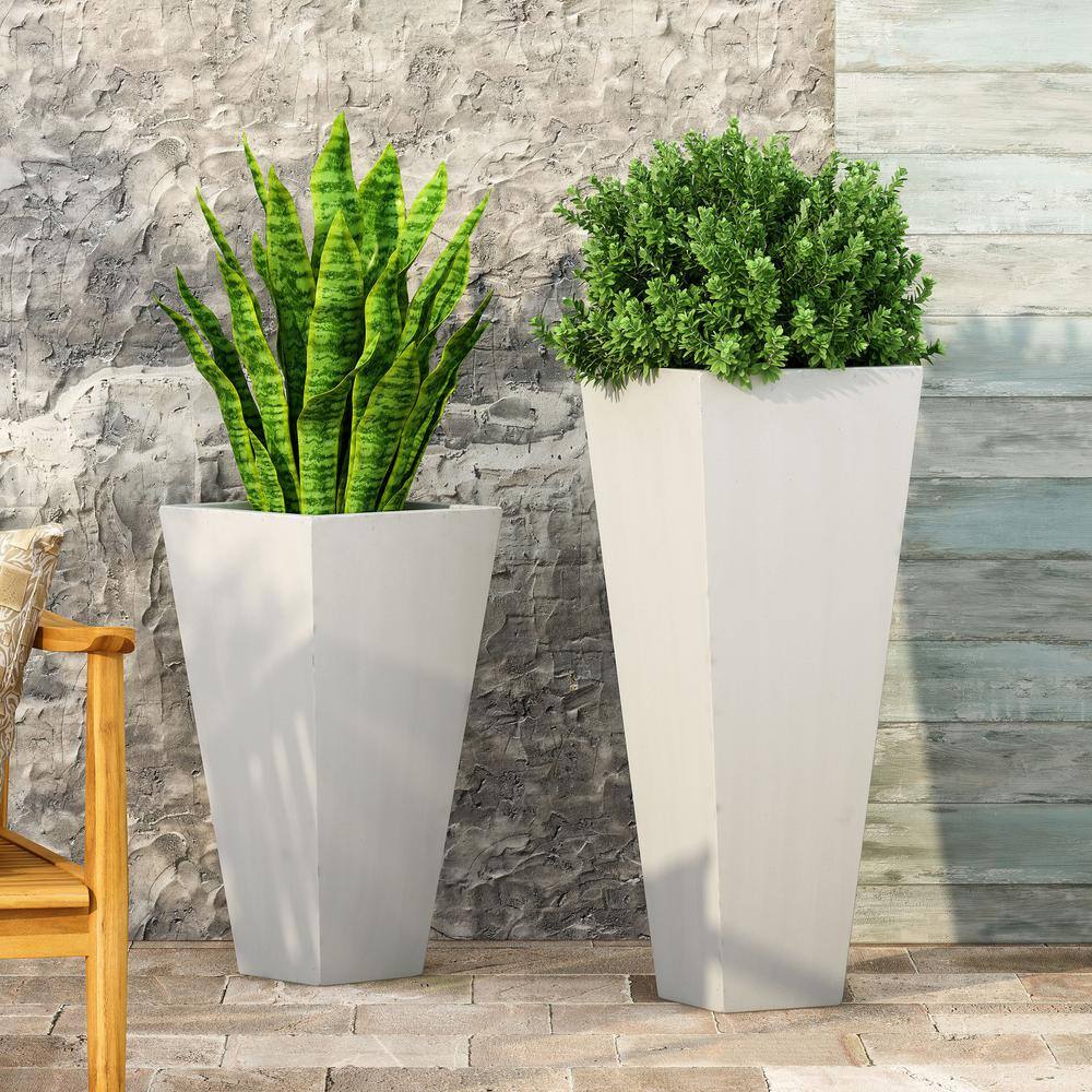 Matte White Cast Stone Tapered Outdoor Planter Set