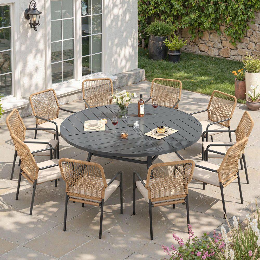11-Piece Metal Outdoor Patio Dining Set with 63 in. Gray Round Table and 10 Woven Rattan Chairs with Beige Cushions price history on PriceWatchPro
